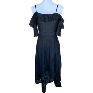 BCBGMaxAzria Dress Demi Size Small Asymmetrical Hem Off The Shoulder Lace Black